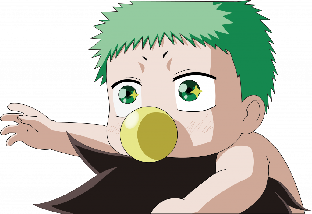 Illustration 2D en couleurs d'un bébé posé sur la tête d'un autre personnage non visible