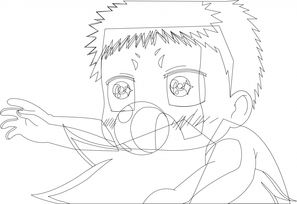 Illustration 2D sans couleurs d'un bébé posé sur la tête d'un autre personnage non visible