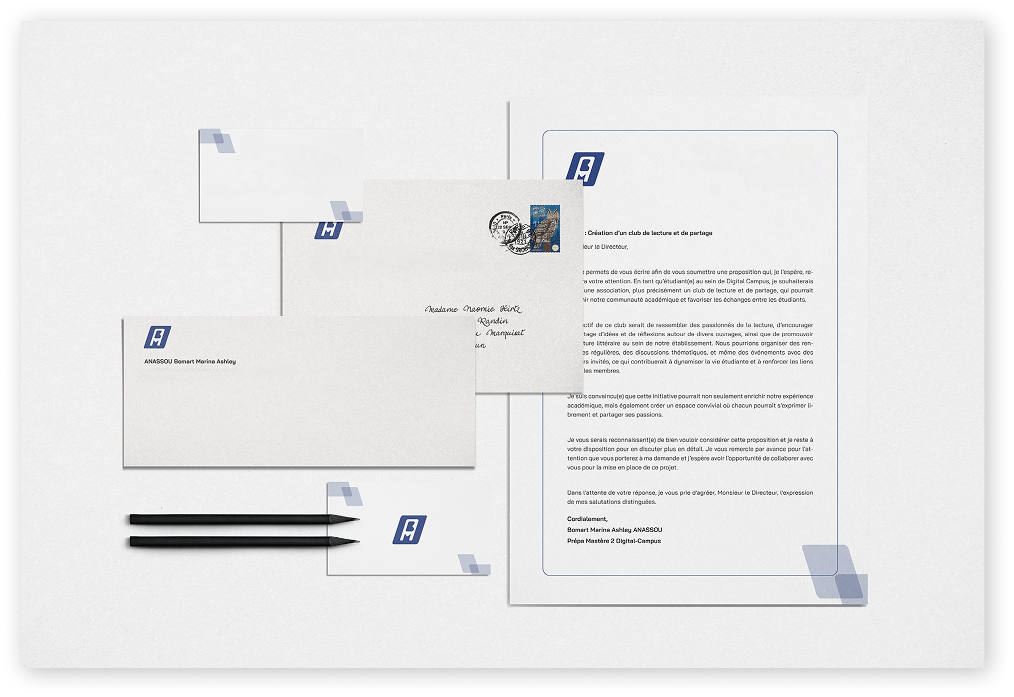 Papeterie de l’identité visuelle : logo sur enveloppe DL, carte de visite, papier à en-tête avec